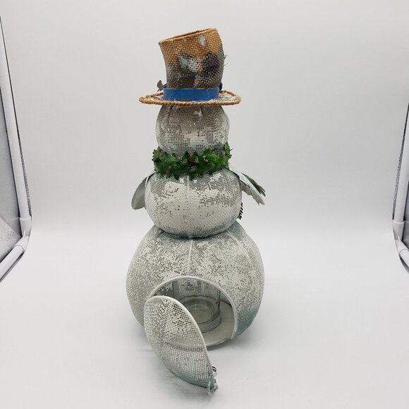 Metal Christmas Smiling Snowman Holding Wreath Bird on Hat Votive Candle Decor - Picture 7 of 11